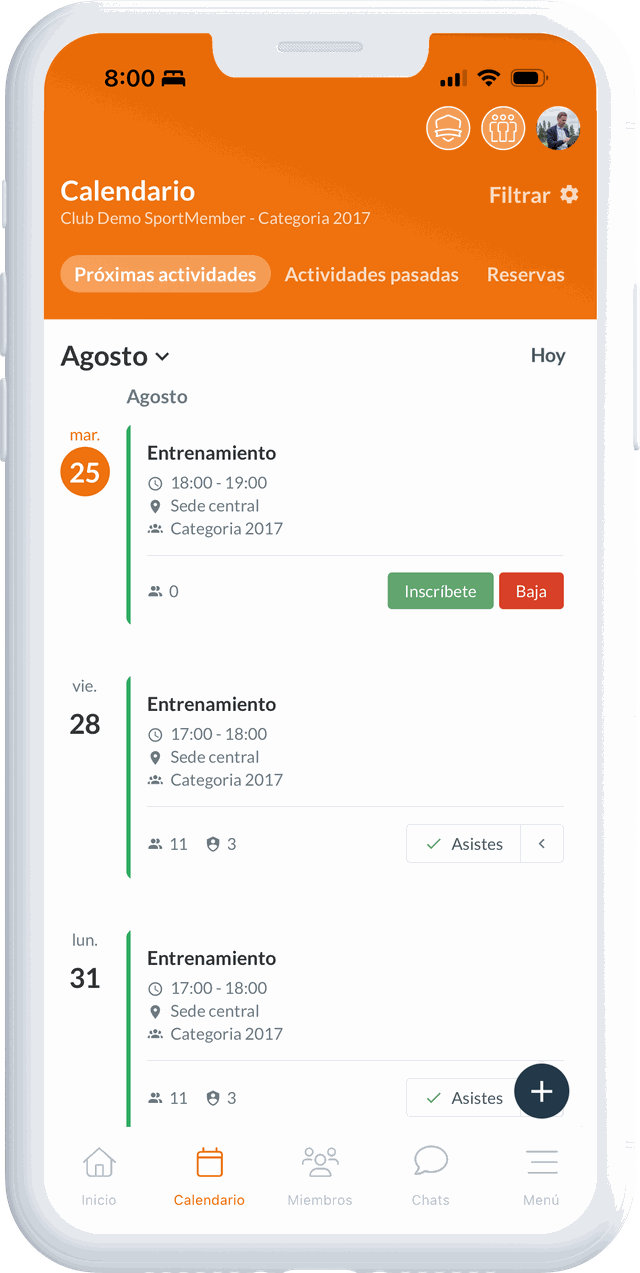 El calendario de SportMember en la app