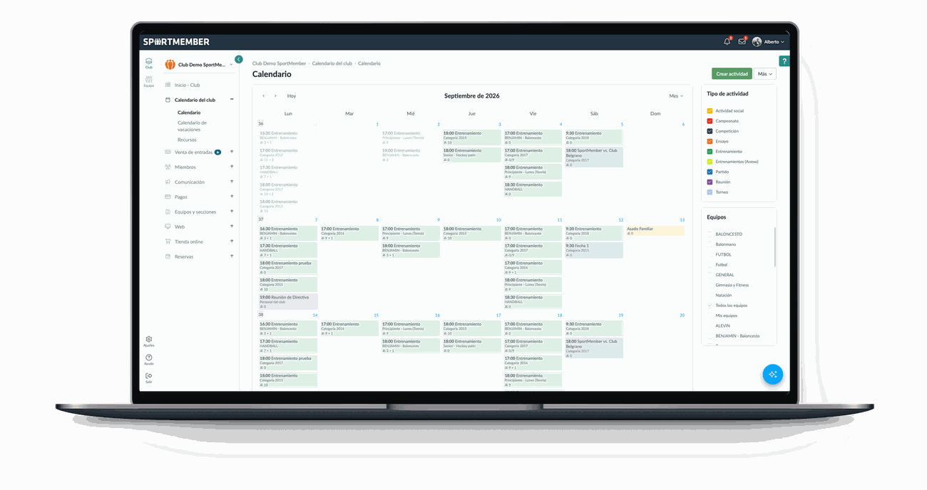 El calendario del club en SportMember desde el ordenador